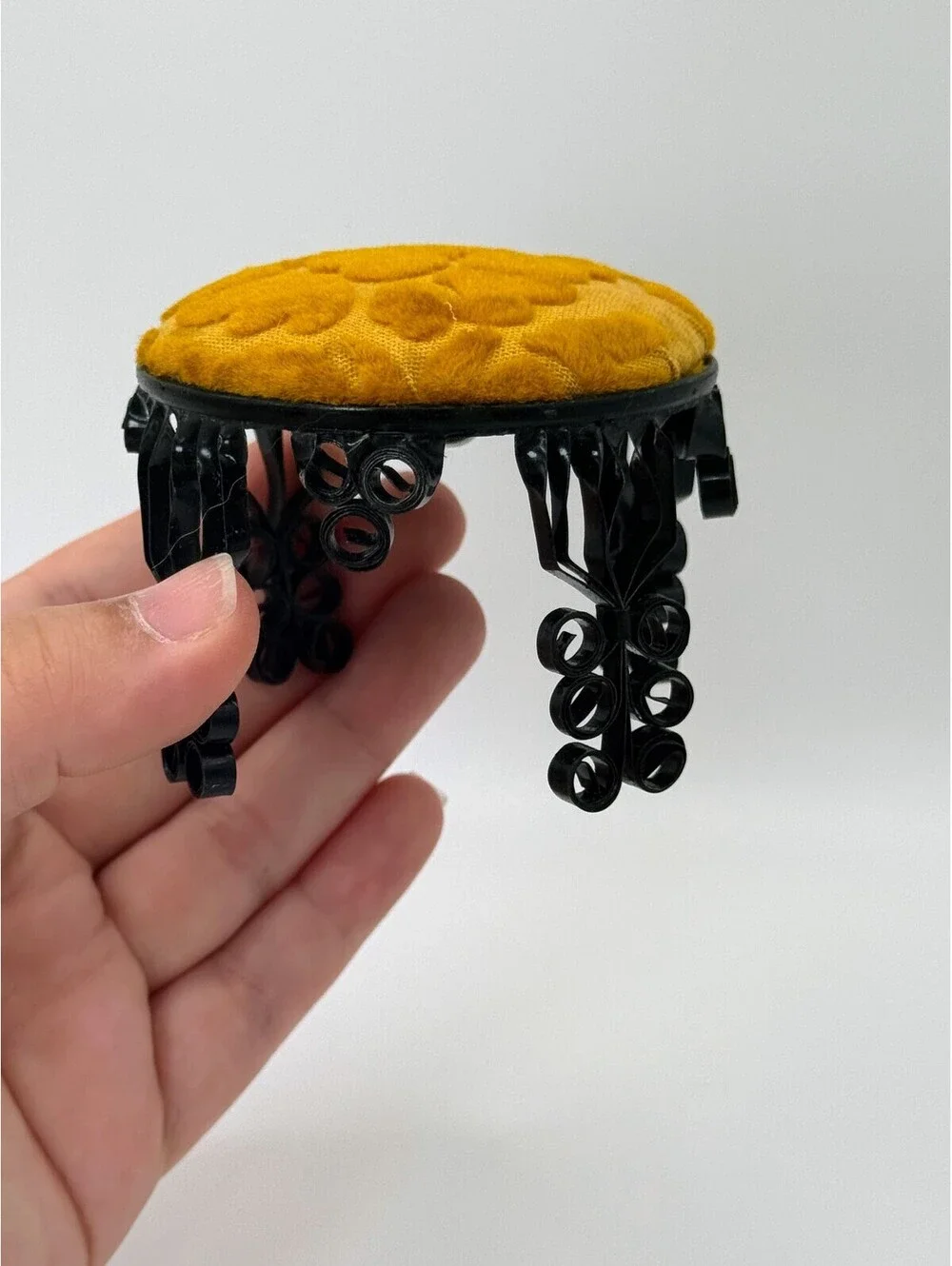 1:6 Scale Handmade Tramp Art Dollhouse Stool Gold Velvet Black Scroll Ottoman
